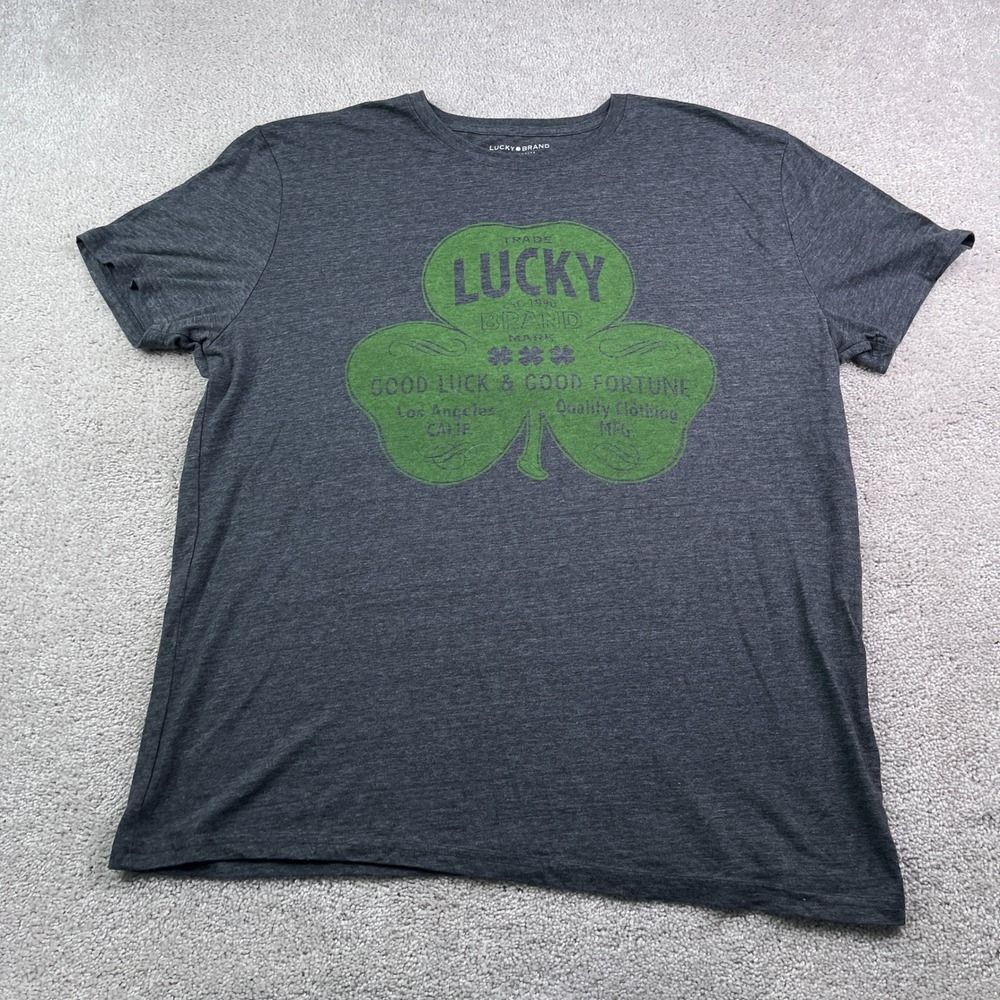 Lucky Brand Shirt Mens XL Grey Green Shamrock Graphic Tee Irish Good Luck